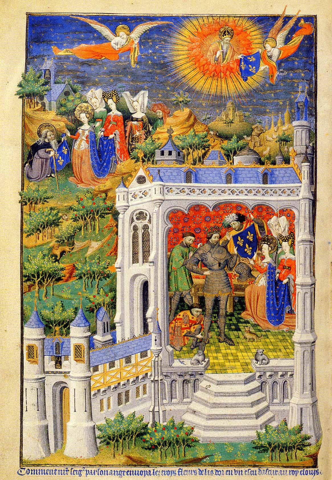 Clovis recevant la fleur de lys, Enluminures des Heures de Bedford, XVe siècle