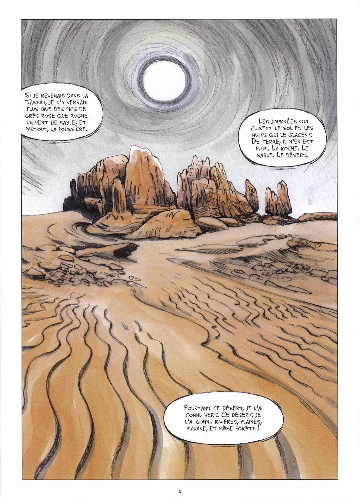 Planche extraite  de la bande dessinée « Tassili, une femme libre au Néolithique » de Maadiar et Fréwé , montrant le Sahara tel qu’il se présente aujourd’hui : un labyrinthe minéral fatigué par une érosion pachydermique qui confère à ses rochers de grès un aspect de peau d’éléphant.