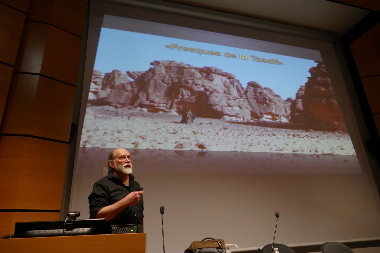 Joan-Loïc Le Quellec, president de l’associacion dels amics de l’art rupèstre saharian (AARS), presenta l’erosion paquidèrmica de las ròcas de gres del Sahara central actual.