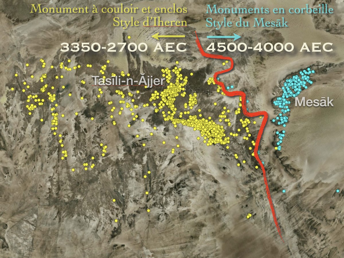 Carte de répartition de deux styles différents d’art rupestre présents dans le Sahara central : le style Iheren et le style de Mesāk . © Jean-Loïc Le Quellec