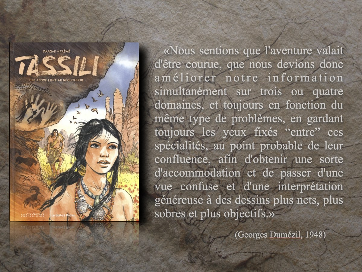 Cobèrta de la benda dessenhada « Tassili, una femna liura al Neolitic » de Maadiar e Fréwé e citacion tirada de Mitra-Varuna de Jòrdi Dumézil publicat en 1948. © Jean-Loïc Le Quellec 