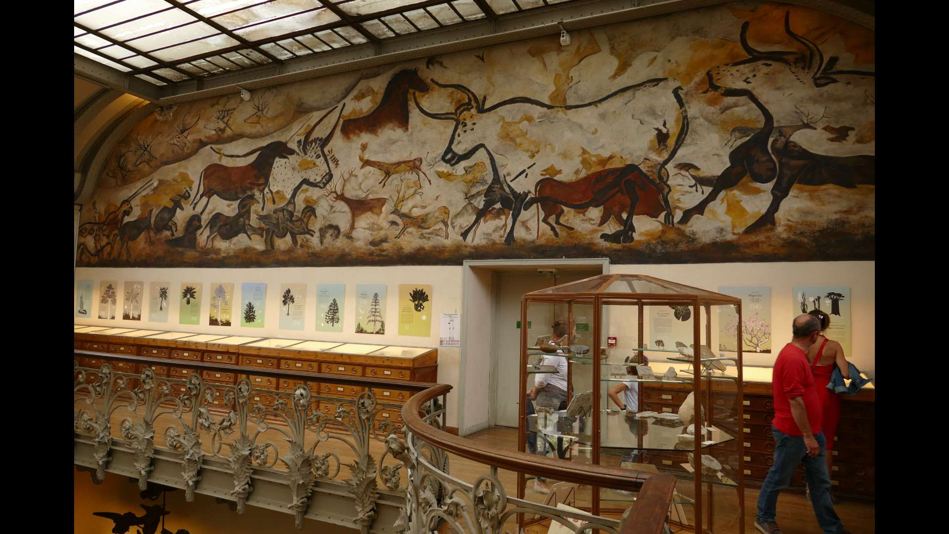 Reproduction de la fresque de la salle des taureaux de la grotte de Lascaux au niveau du balcon du deuxième étage de la Galerie de Paléontologie du Muséum national d'Histoire naturelle à Paris.
Photo copyright : Sophie Cattoire